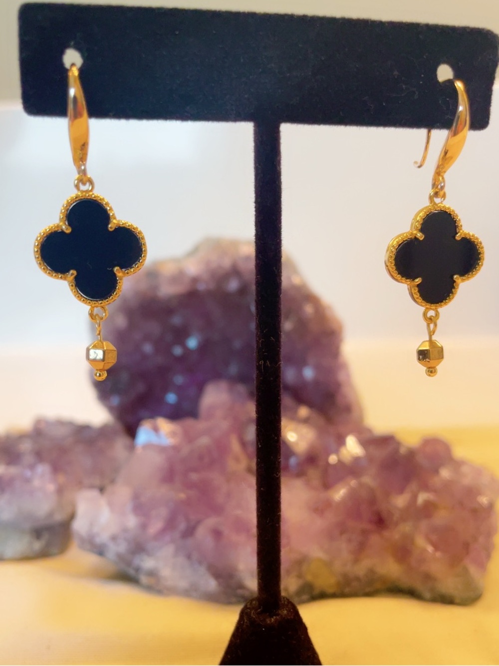 18k Gold Hematite and Black Clover Drop Earrings